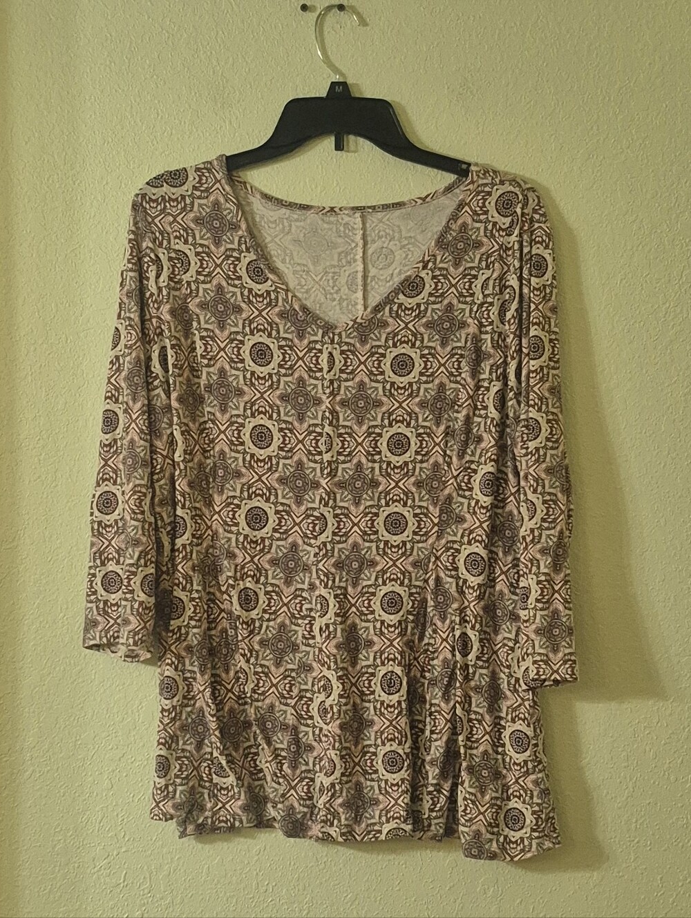 V-Neck Long Sleeve Printed Top - Pink & Brown
